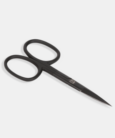 Loon Ergo Curved Hair Scissors for precise fly tying, curved blades for detailed shaping of flies and foam bodies.